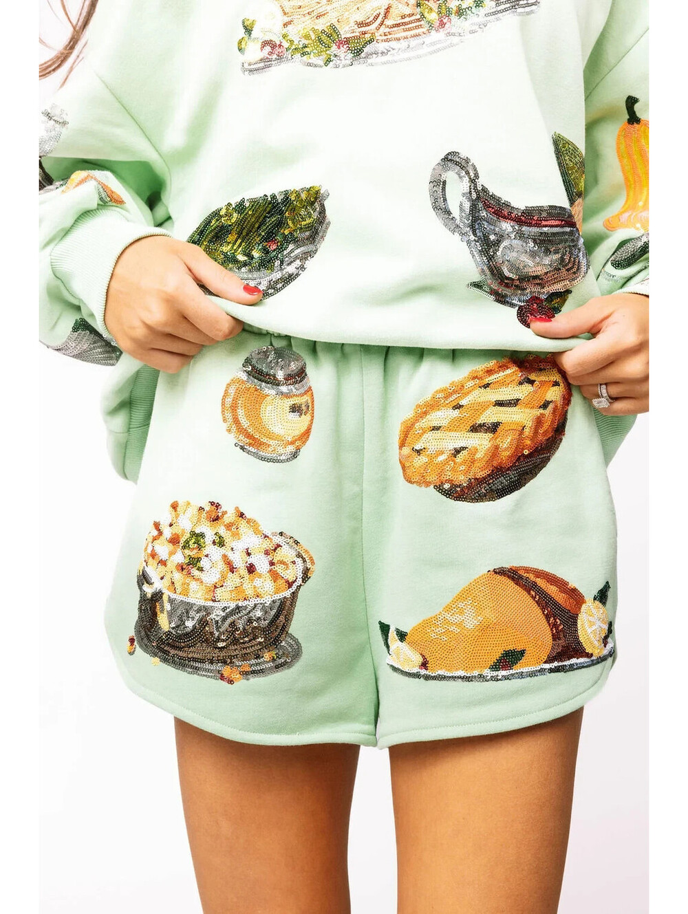 QUEEN OF SPARKLES MINT GREEN TURKEY FEAST SEQUIN SWEAT SHORTS LARGE NEW